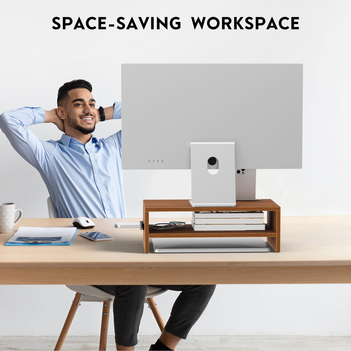 BONTEC Wooden Monitor Stand Riser for Desk, 2-Tier Computer Monitor Stand