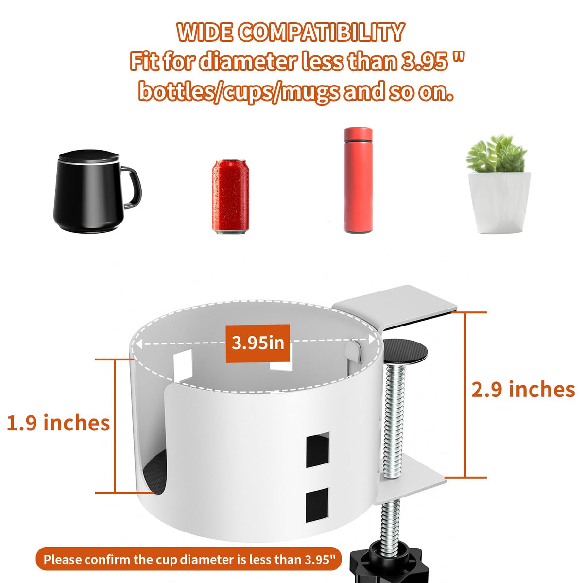 OOKUU Anti-Spill Large Desk Cup Holder Clamp, Metal Table Cup Holder(White)