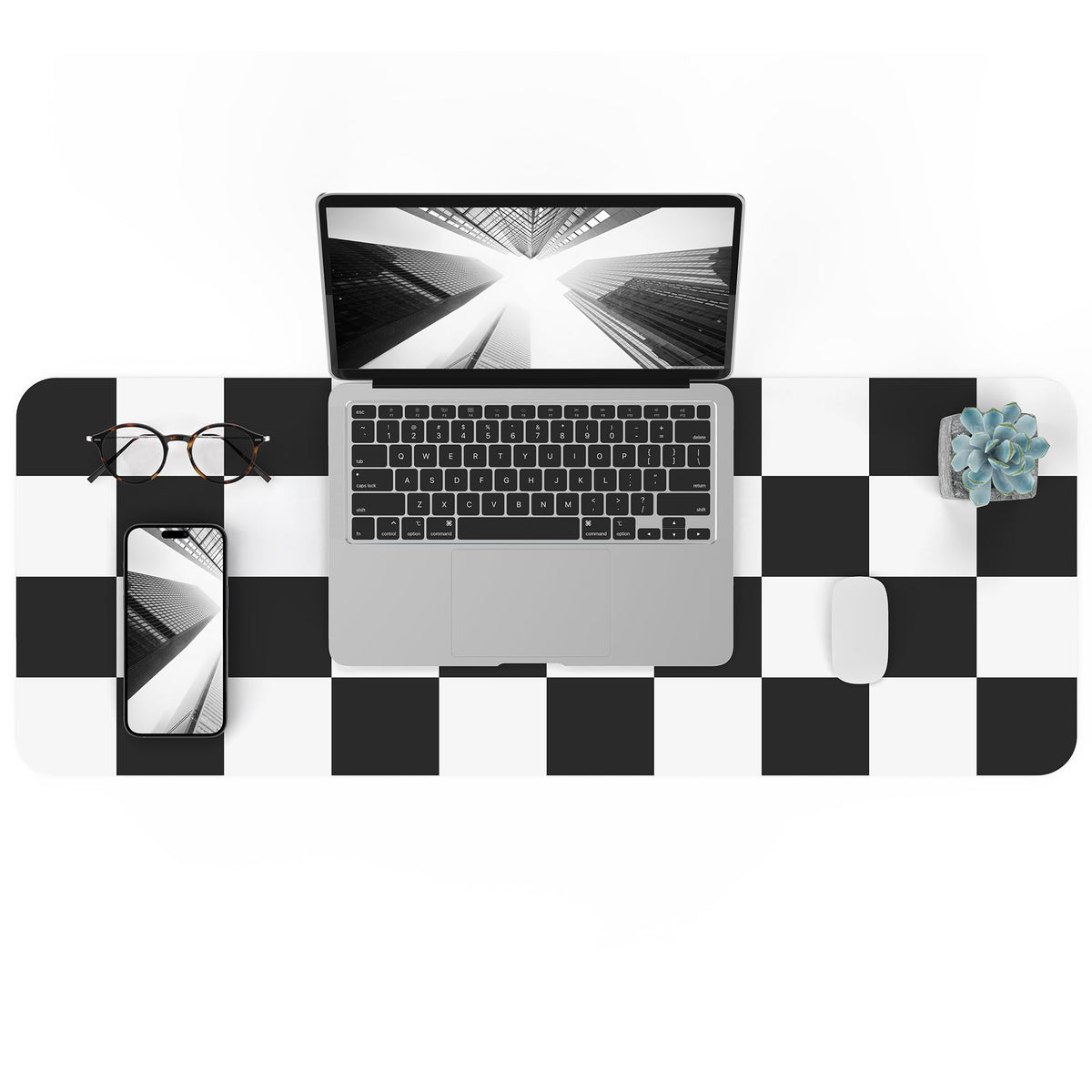 Non-Slip Checkered Desk Mat, 31.5"x12", White Black