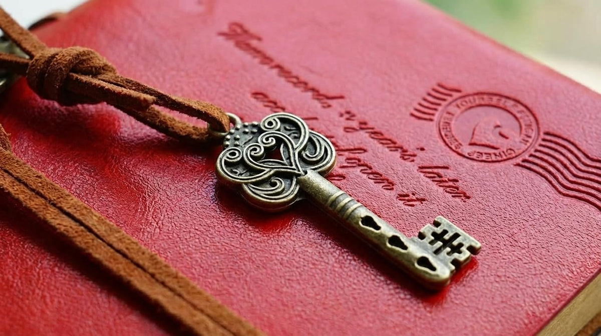 EvZ Classic Vintage Leather Writing Journal Notebook - Vibrant Red Retro Diary with Antique Key