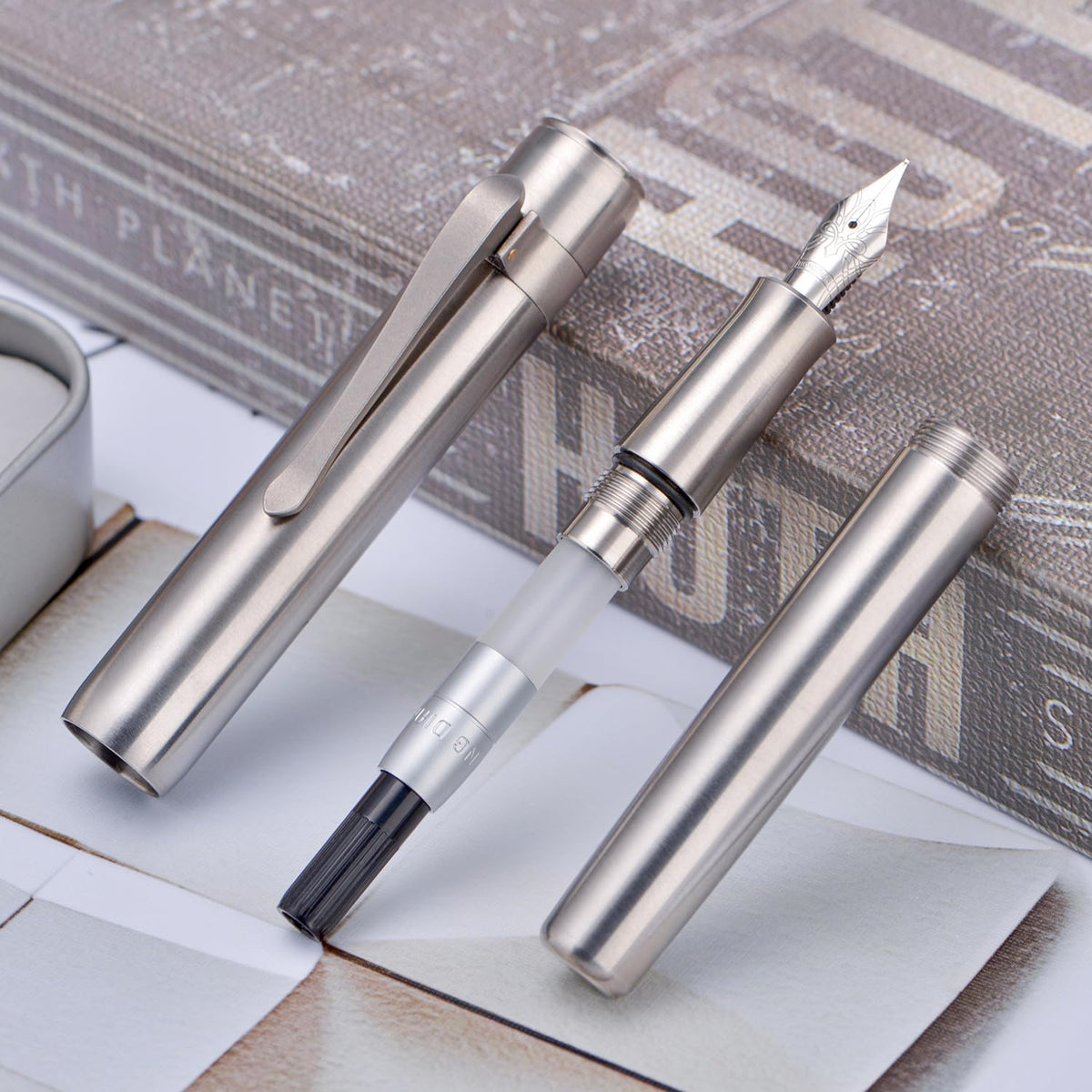 HONG DIAN M2 Titanium Mini Fountain Pen, Medium Soft Nib & Sleek Shape Metal Short Pocket Travel