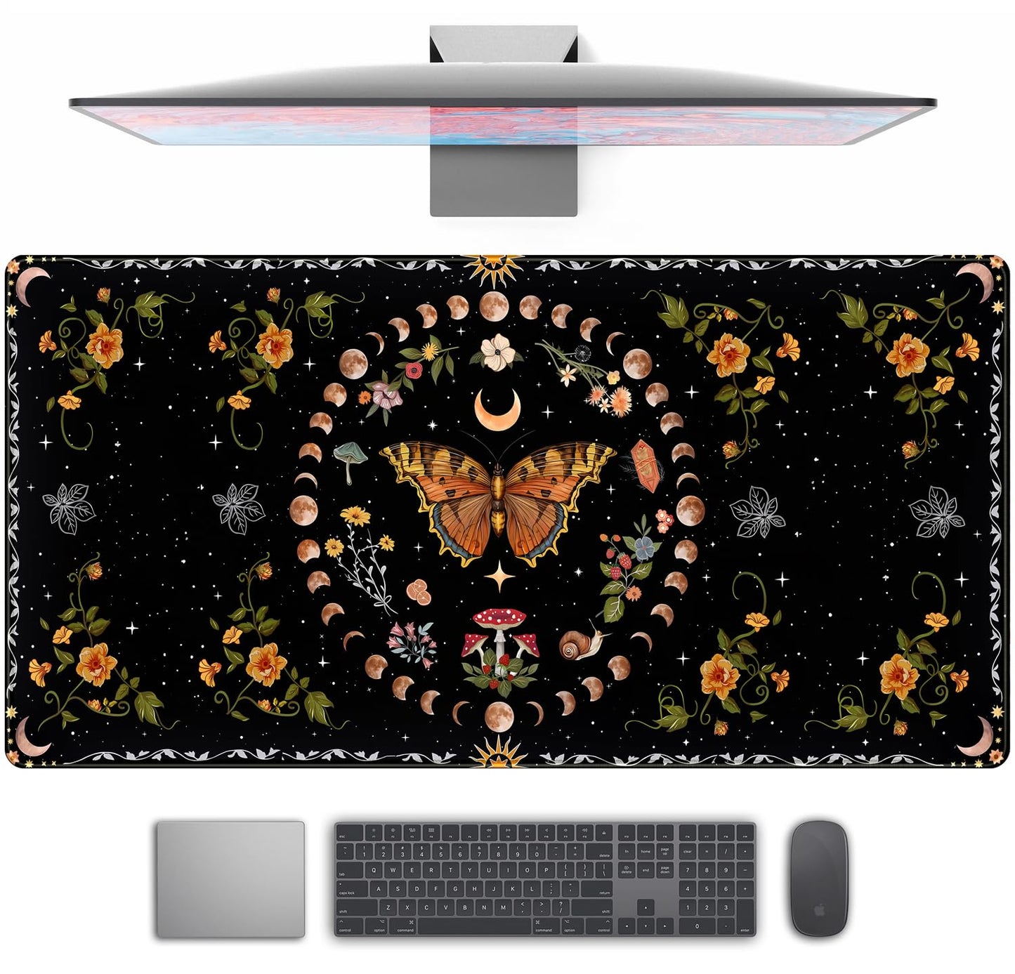 Moth Desk Pad Mushroom Phase Moon Phase Desk Mat, Boho Flowers and Leaves Computer Big Mouse Pad