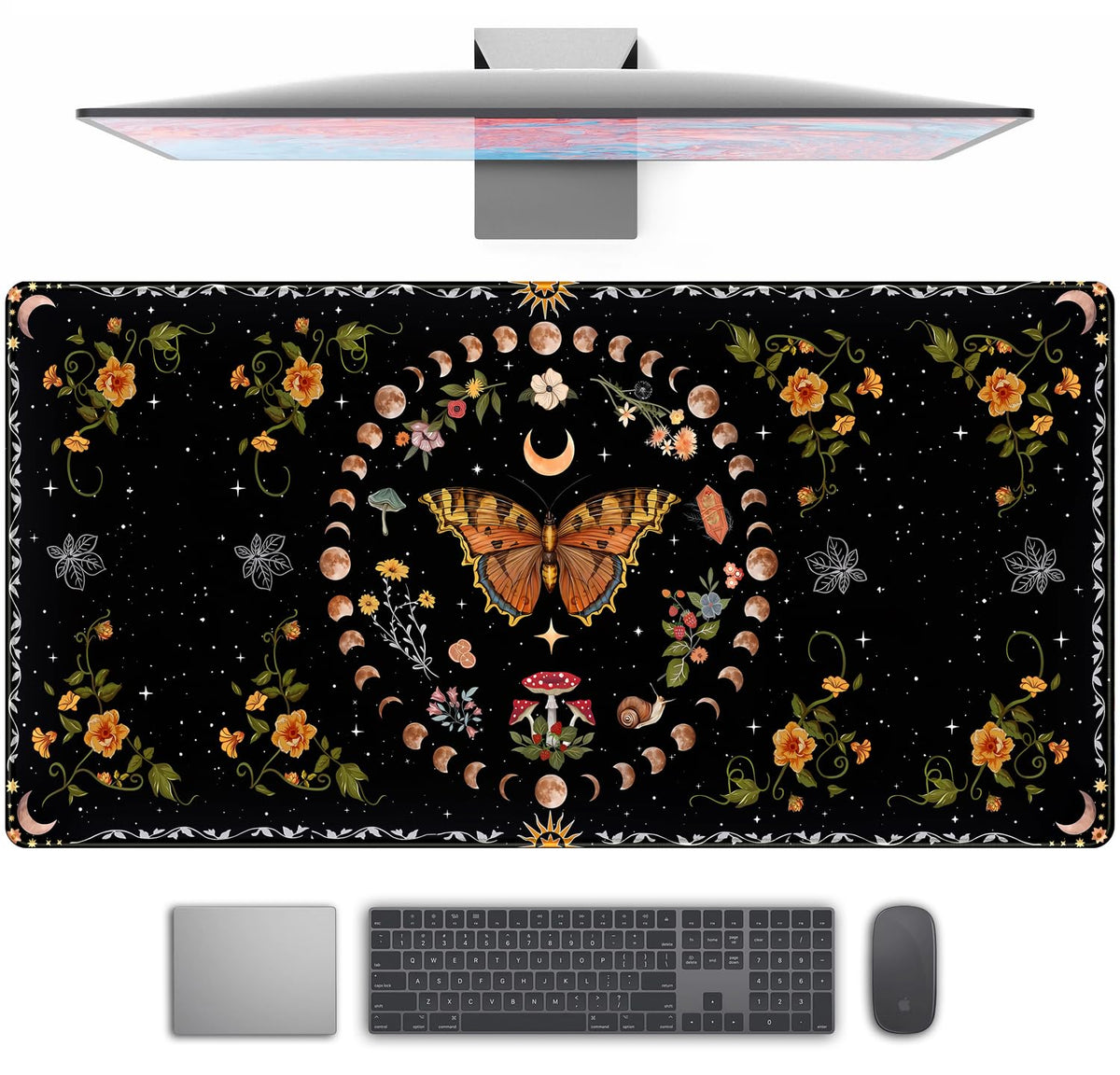 Moth Desk Pad Mushroom Phase Moon Phase Desk Mat, Boho Flowers and Leaves Computer Big Mouse Pad