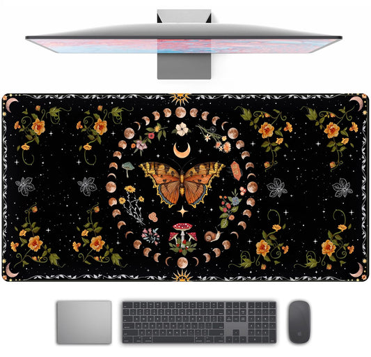 Moth Desk Pad Mushroom Phase Moon Phase Desk Mat, Boho Flowers and Leaves Computer Big Mouse Pad