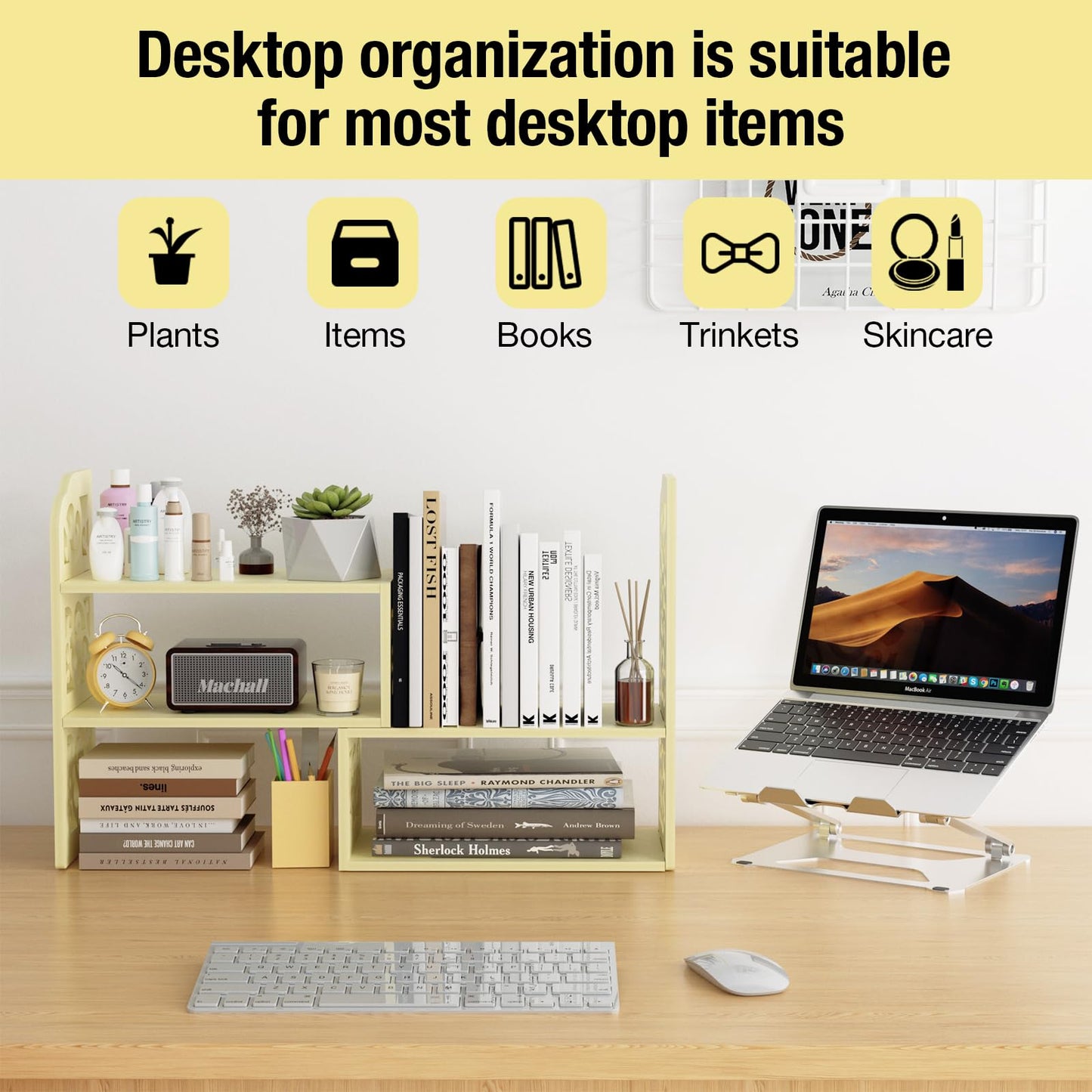 YGYQZ Adjustable Desktop Shelf Organizer, 3-Tier Desk Shelf, Beige Pattern