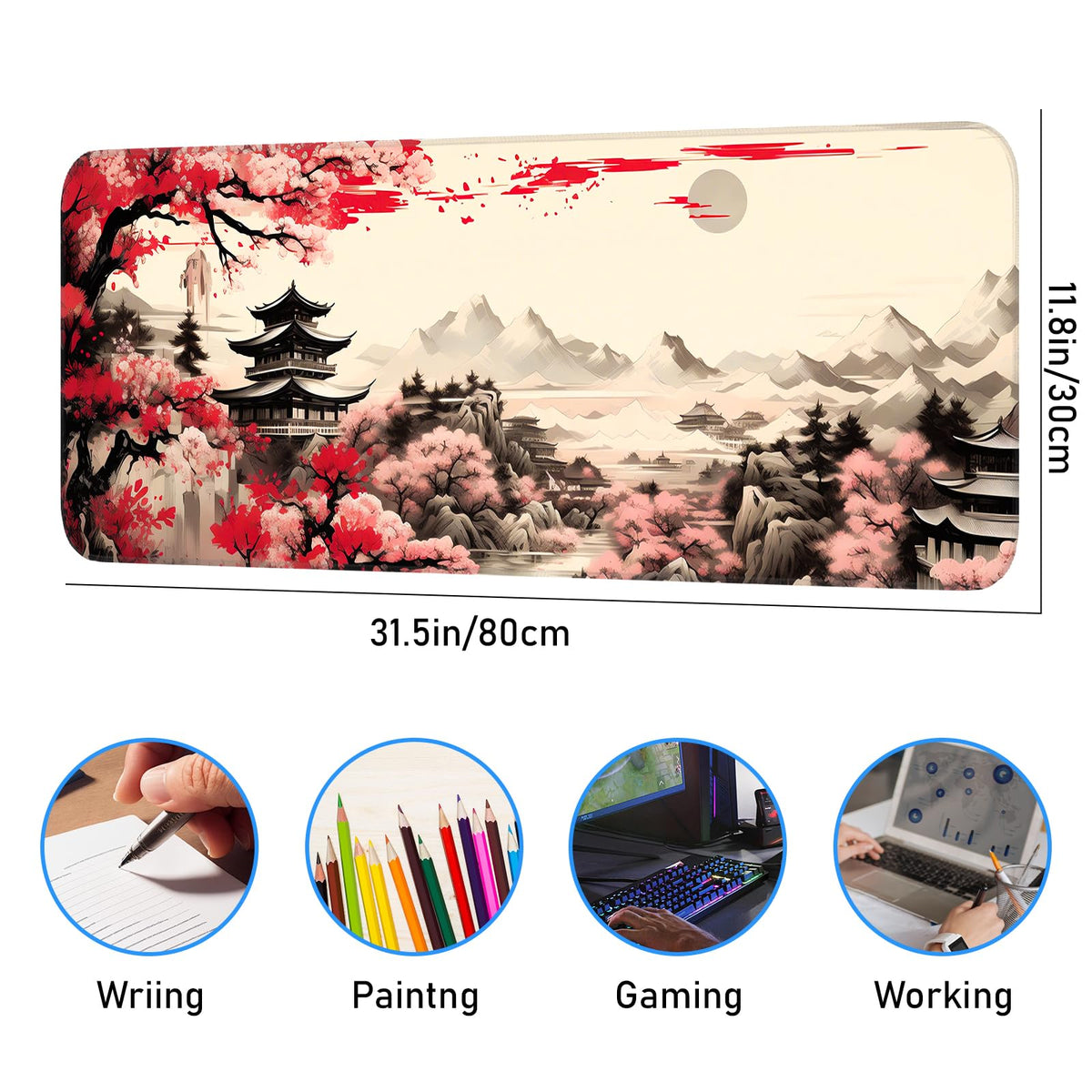 Japanese Sakura Gaming Mouse Pad, Non-Slip Rubber Base, Stitched Edges, for Office, Gaming, Home