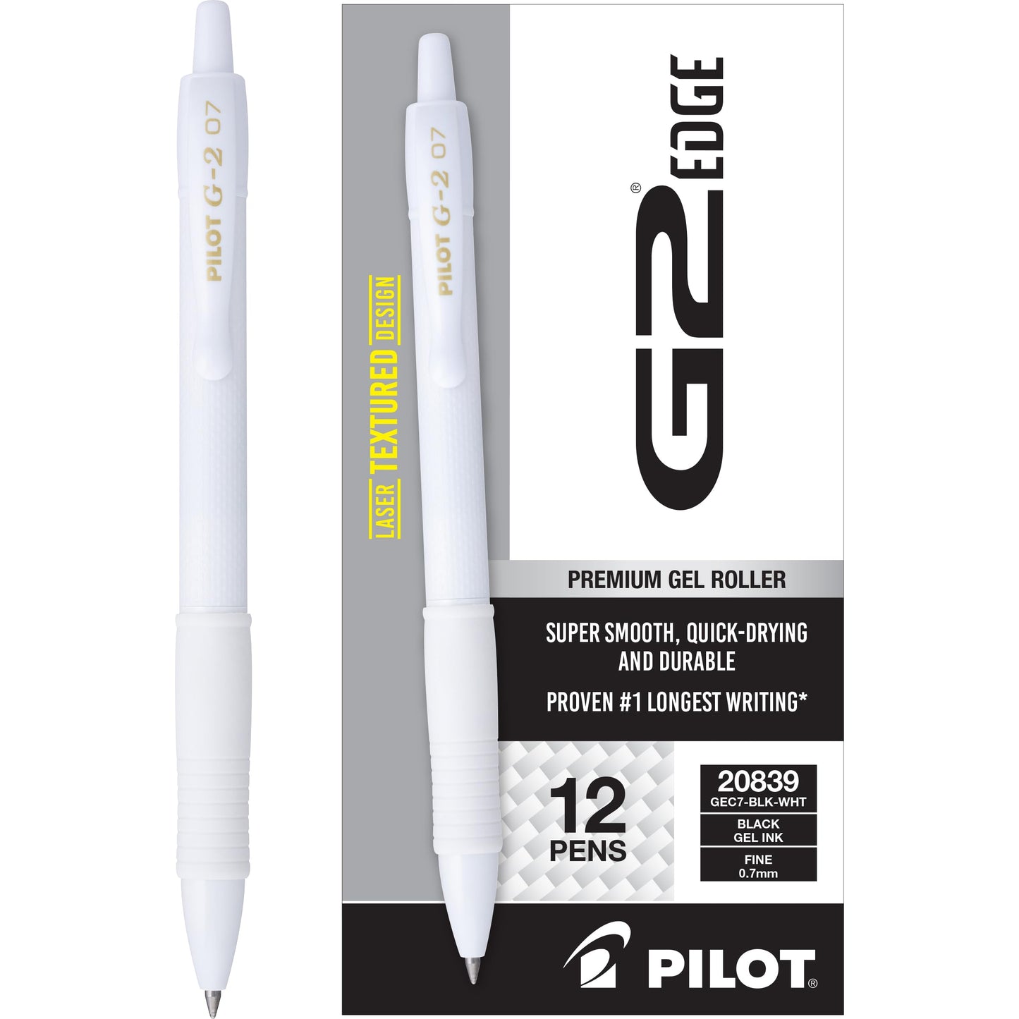 PILOT G2 Edge White Gel Roller Pens, Fine Point 0.7 mm, 12Pk