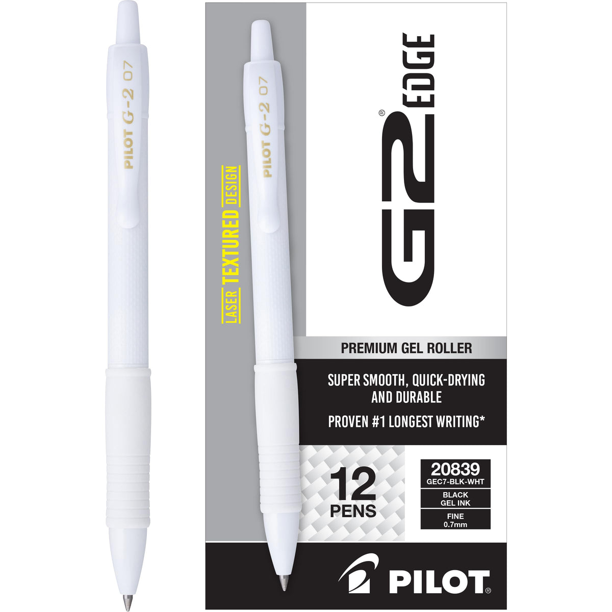 PILOT G2 Edge White Gel Roller Pens, Fine Point 0.7 mm, 12Pk