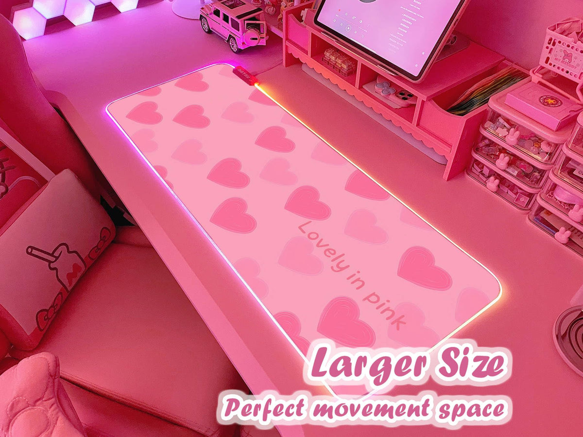 JMIYAV Pink Love Heart RGB Gaming Mouse Pad 31.5x12 Inch Cute Mousepad PC XL Large Extended Glowing
