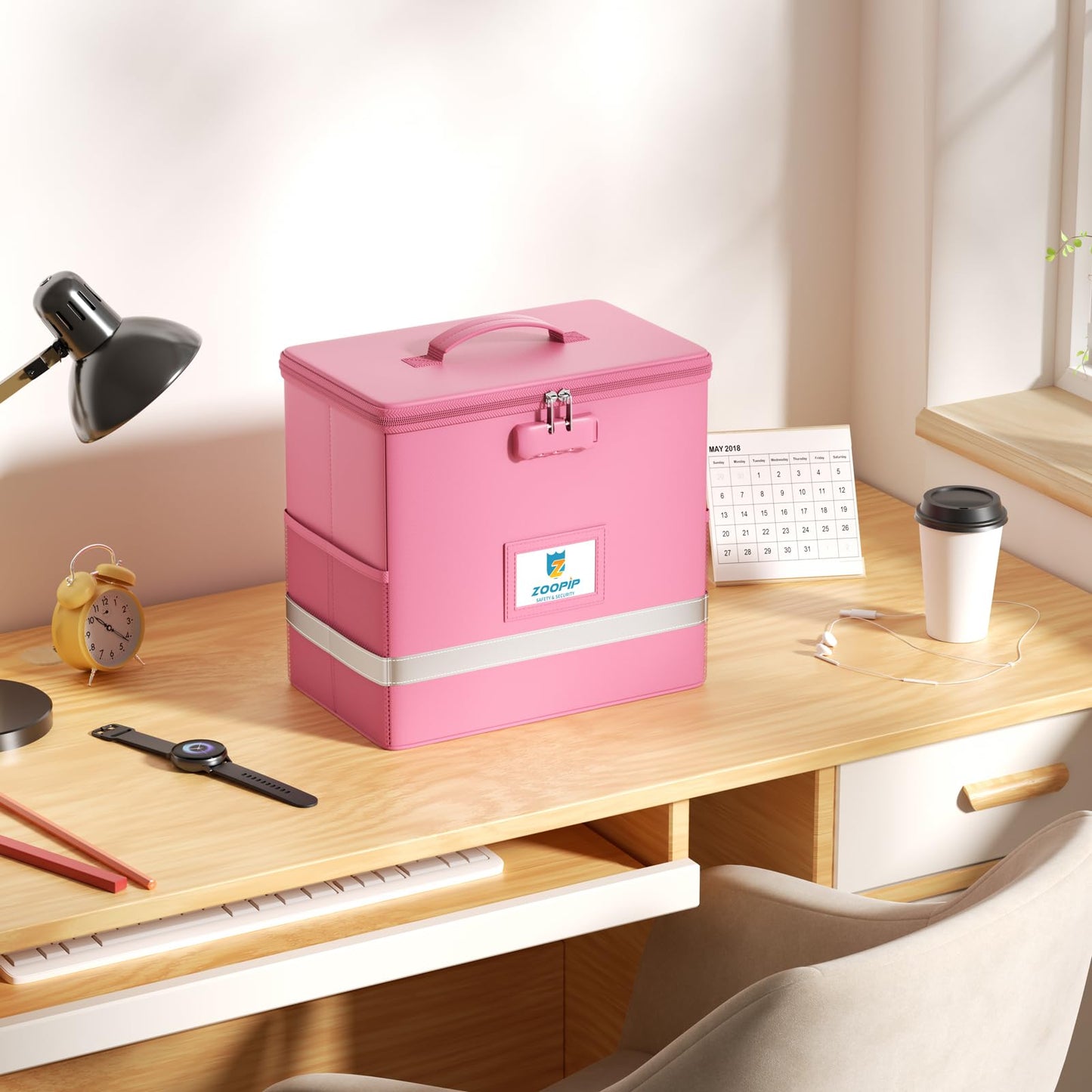 ZOOPIP Fireproof File Box with Lock, Collapsible Document Organizer, Pink