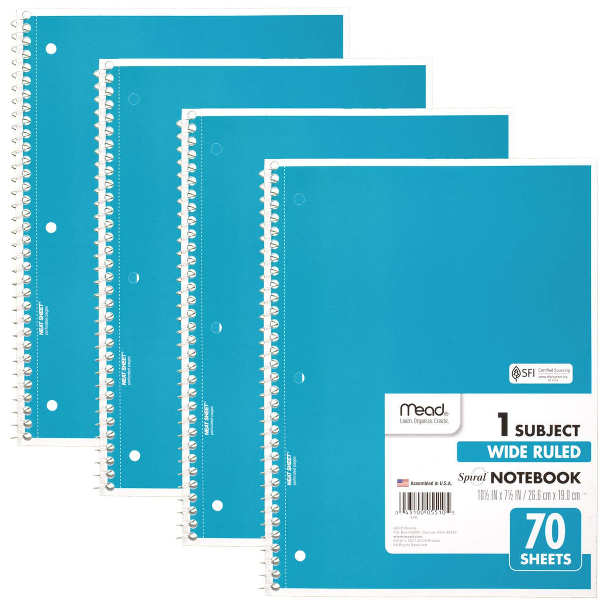 Mead Spiral Notebooks, 1 Subject, Wide Ruled Paper, 70 Sheets, 10-1/2 x 7-1/2 inches, Blue, 4 Pack