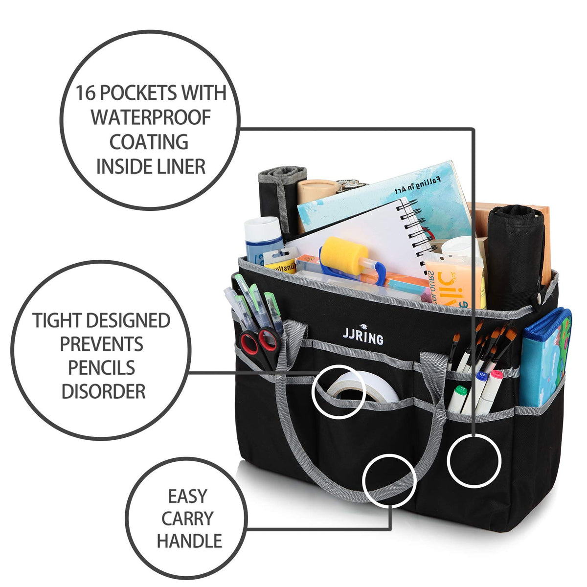 JJRING Large 600D Nylon Artist Organizer Tote Bag With 16 Pockets, Silver