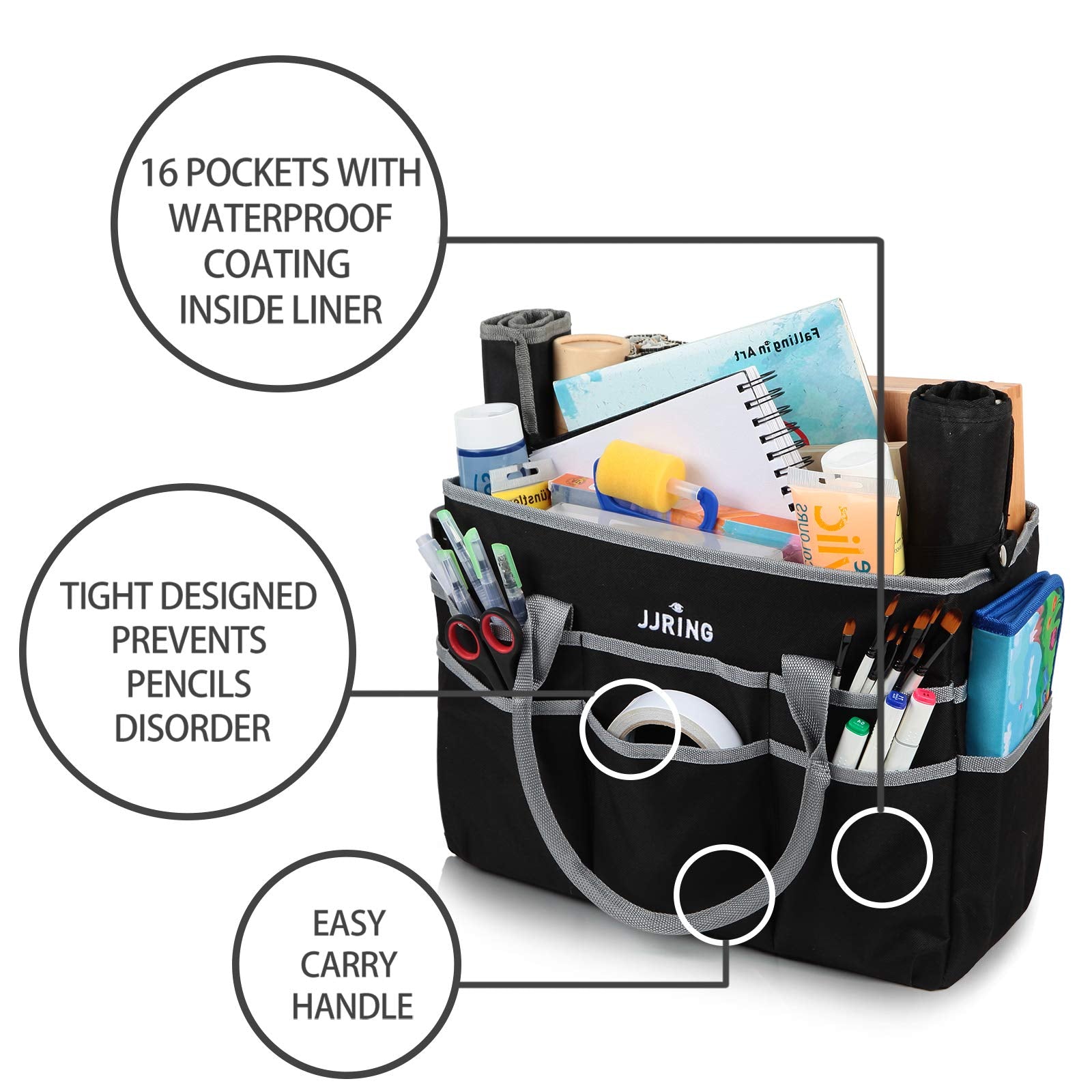 JJRING Large 600D Nylon Artist Organizer Tote Bag With 16 Pockets, Silver