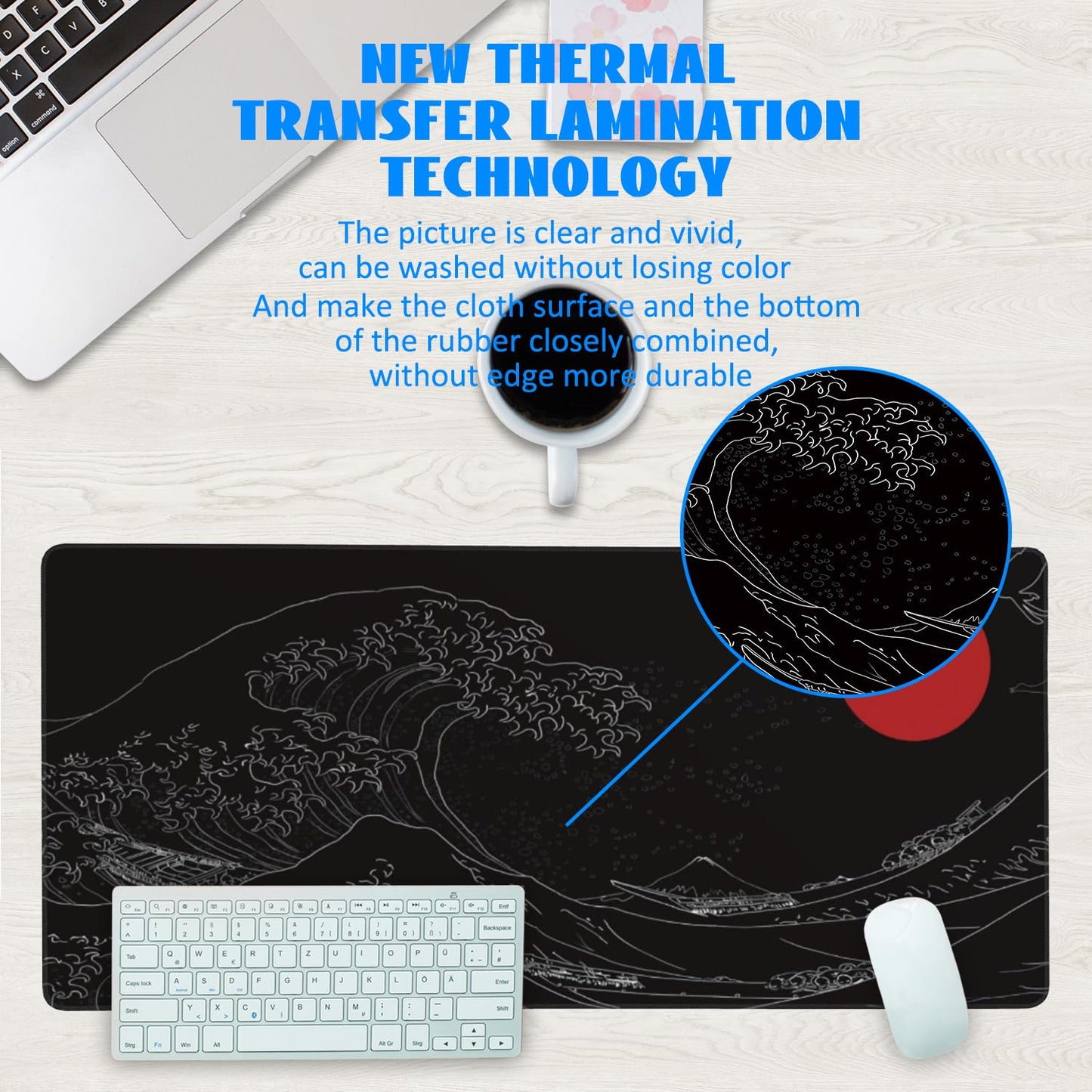 Desk Mat, Black Japanese Style Wave and Red Sun Extended Gaming Mouse Pad Large, 35.4"x15.7" Big