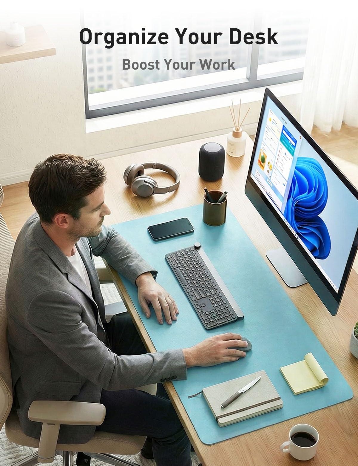 Aothia Faux Leather Desk Mat - Non-Slip PU Leather Desk Blotter, Waterproof Writing Surface, Large