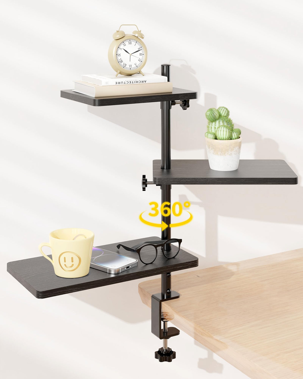 ART-GIFTREE 3 Tiers Clamp On Desk Shelf, 360° Angle Adjustable Desktop Shelf Organizer for Home