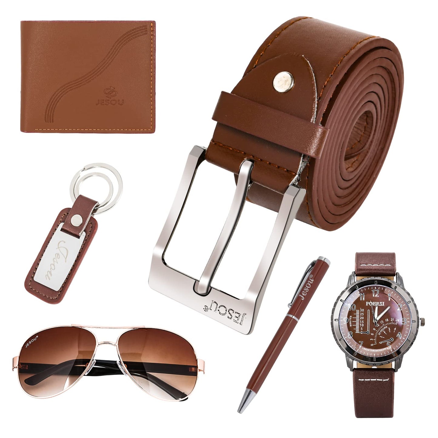 Baojulong 6pcs Men's Gift Set with Box Brown Leather Belt Wallet Watch Glasses Keychain Ballpoint
