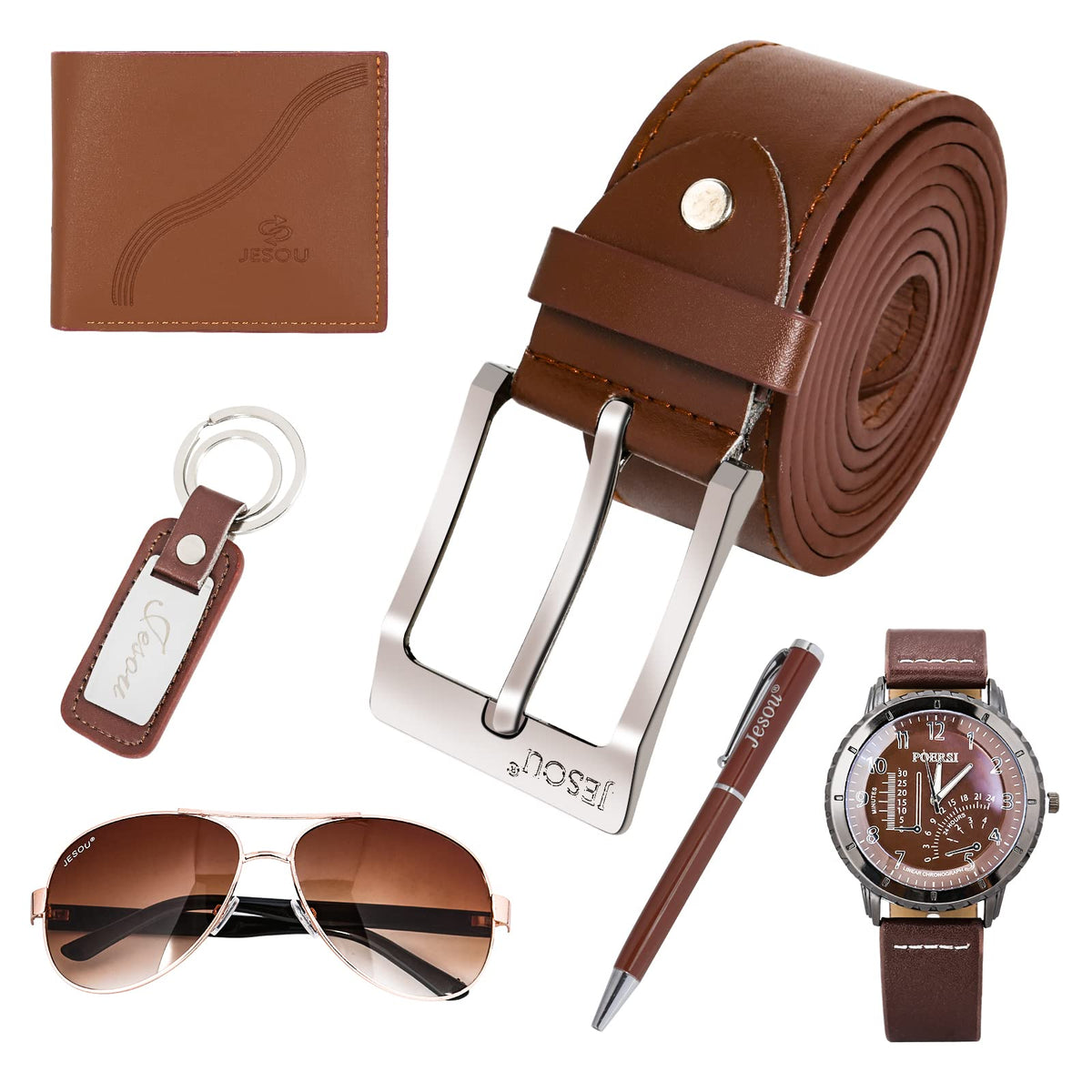 Baojulong 6pcs Men's Gift Set with Box Brown Leather Belt Wallet Watch Glasses Keychain Ballpoint