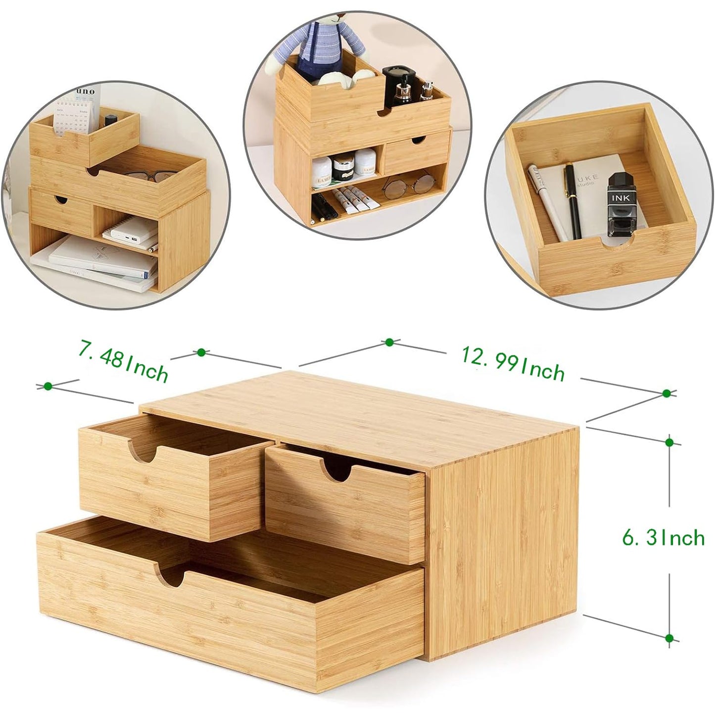 Bamboo Desk Organizer with Drawers, 3-Drawer Desktop Storage Box