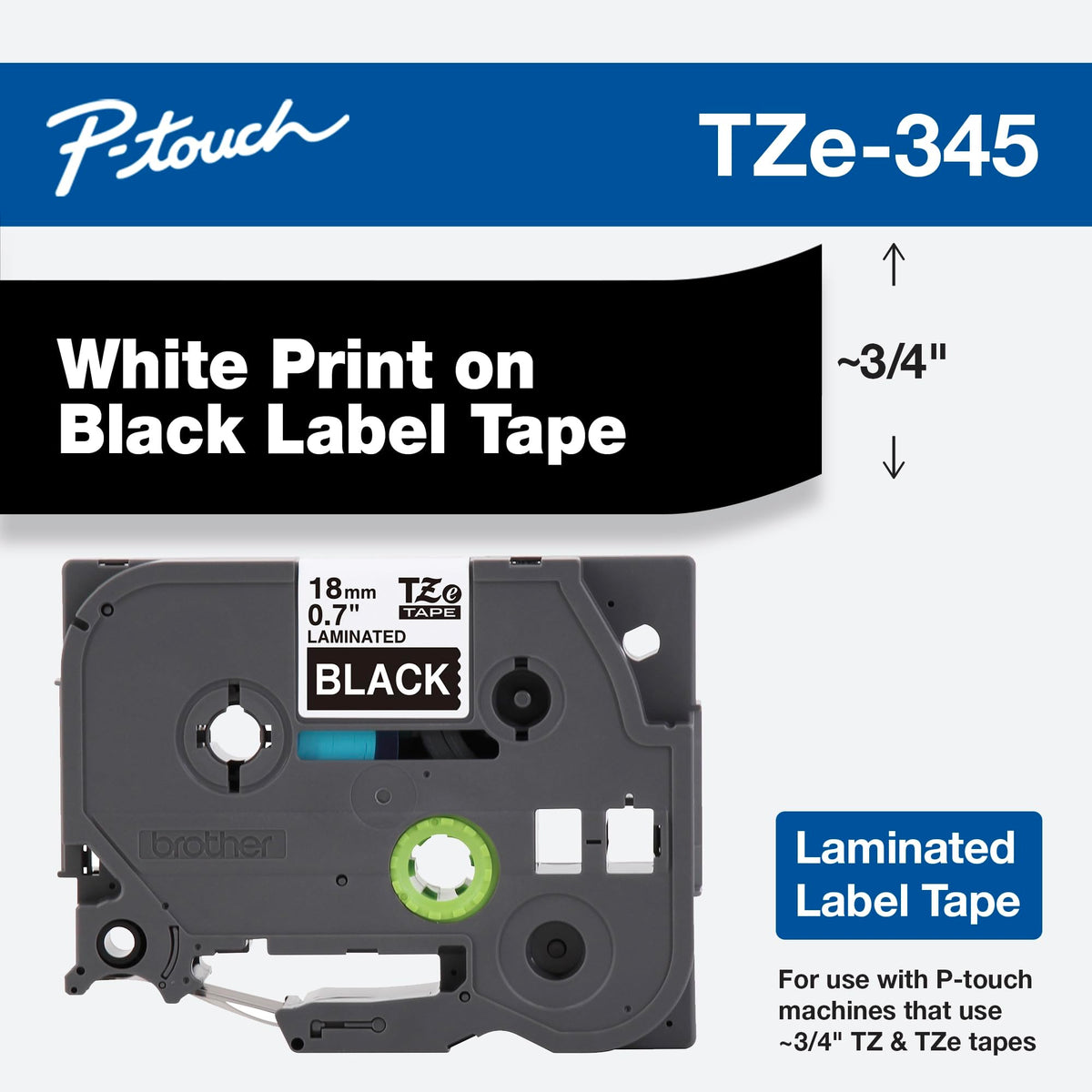 Brother Genuine P-Touch TZE-345 Tape, 3/4" (18 mm) Standard Laminated P-Touch Tape, White on Black