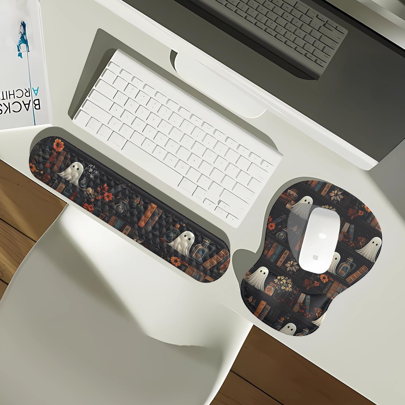 Ghost Book Mousepad with Wrist Rest Halloween Computer Keyboard Mouse Pad Black Cute, Mouse Pad
