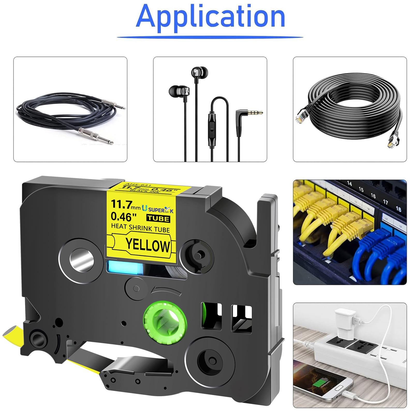 USUPERINK 2PK Compatible for Ptouch HSe-631 HSe631 HS-631 HS631 Black on Yellow 11.7mm 0.46'' Heat
