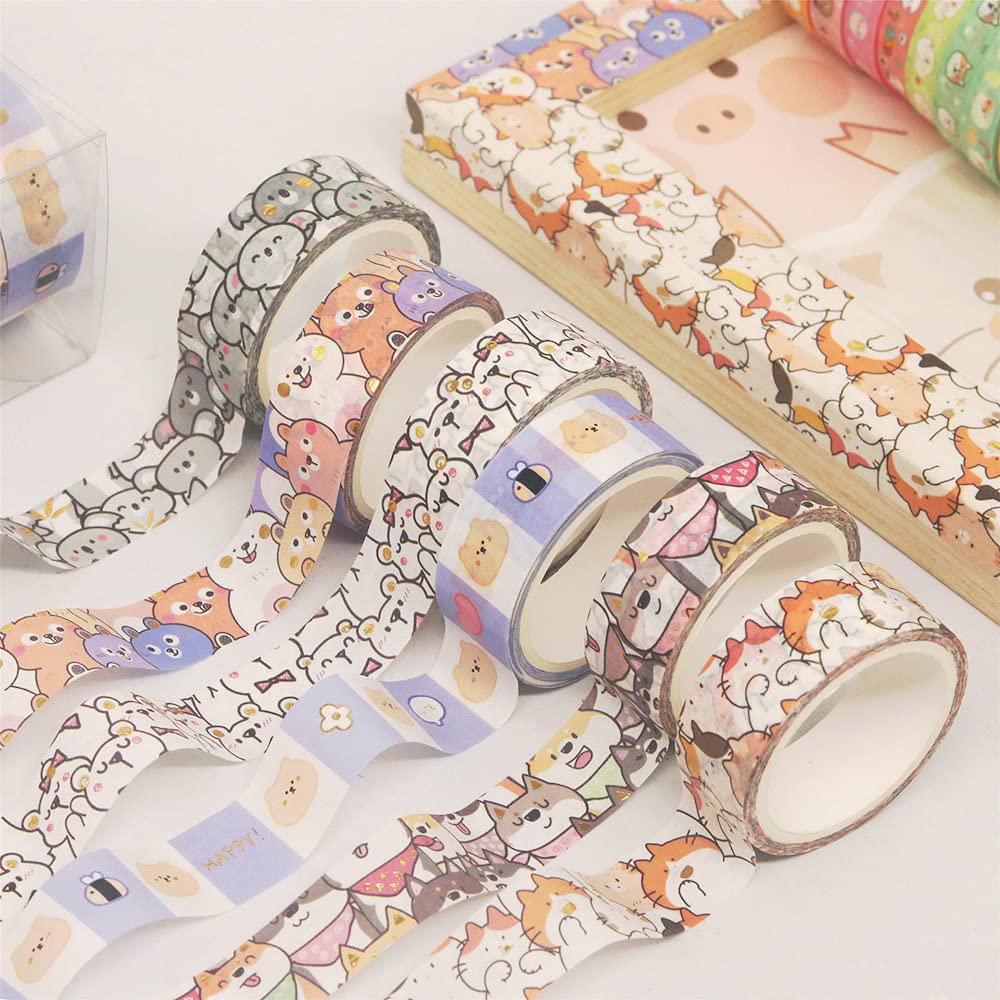 YUBX Cute Pets Washi Tape Set 18 Rolls Skinny Gold Embellishment Decorative Masking Tapes for Arts