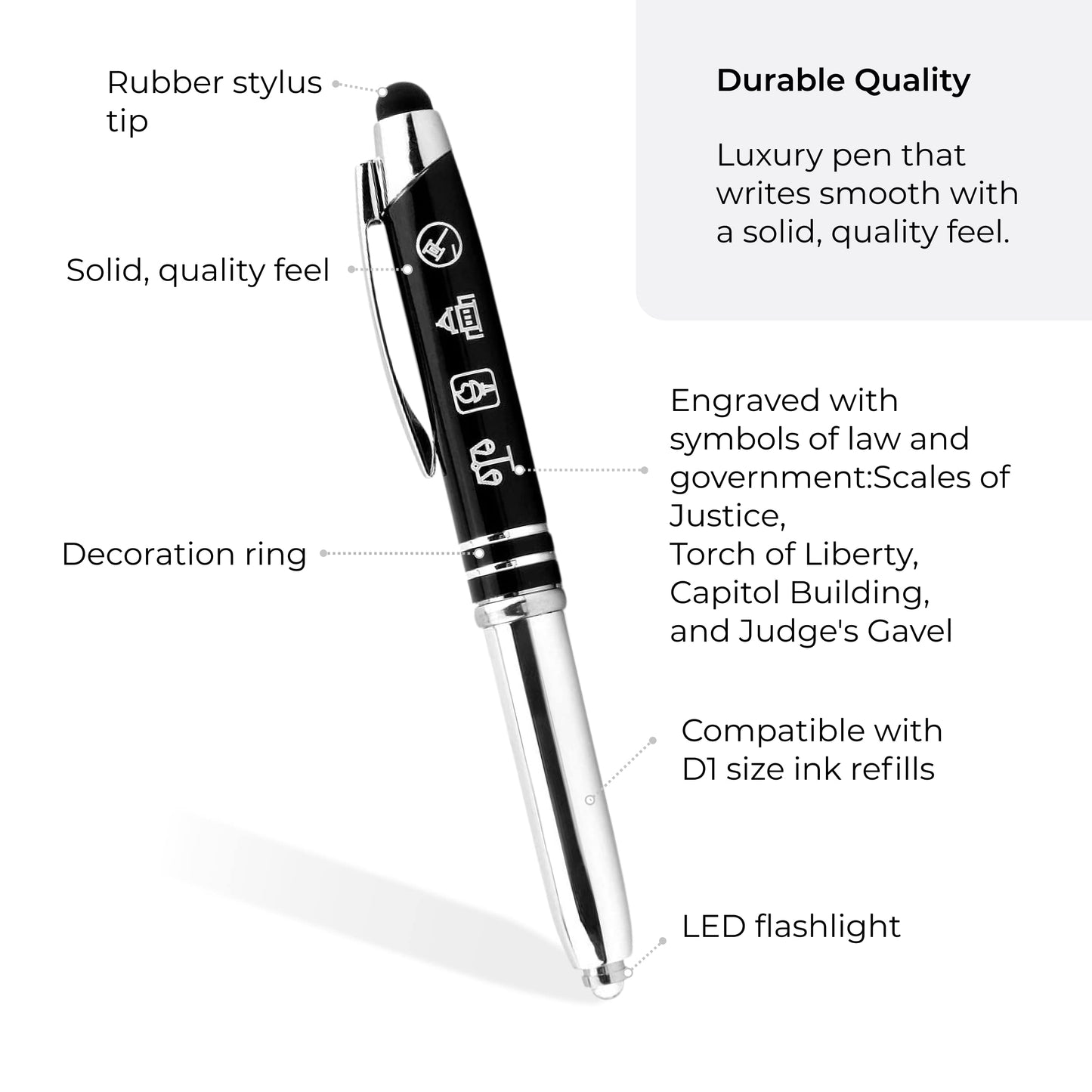 Inkstone Law and Justice Engraved Flashlight Pen with Stylus Tip - Gift for Police Officers