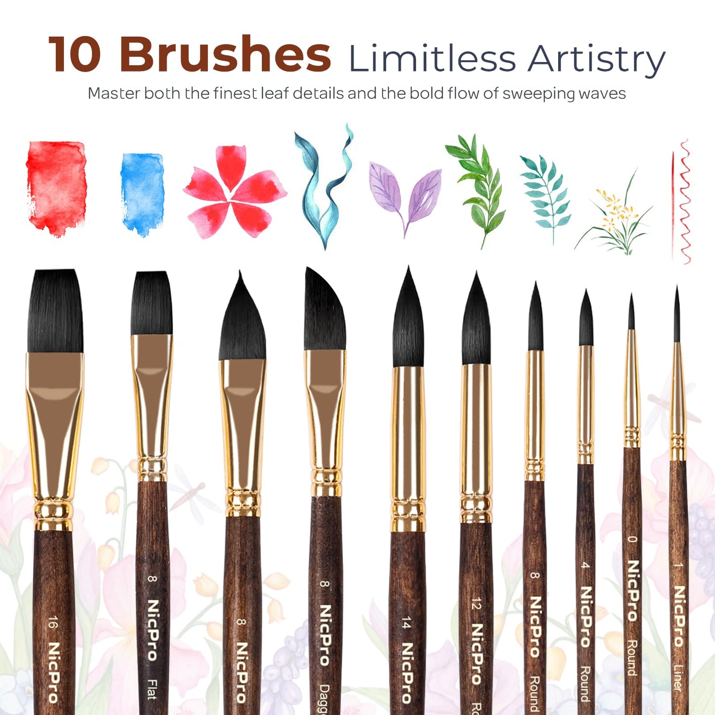 Nicpro Professional Watercolor Brushes Set Synthetic Squirrel Hair, 10 PCS