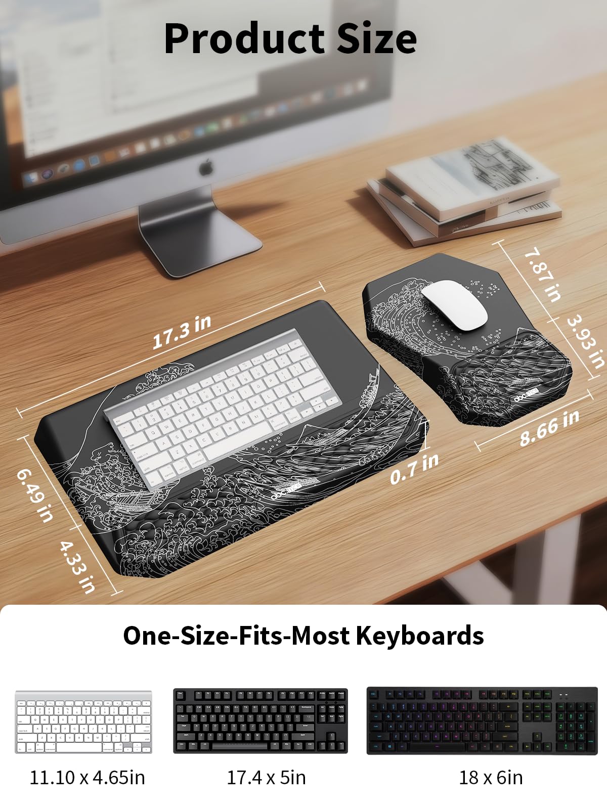 3-in-1 Ergonomic Keyboard Stand with Wrist Rest & Mouse Pad Set, Black Wave