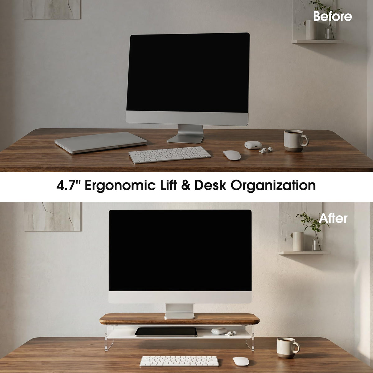 Fenge 23.6" Monitor Stand with Clear Acrylic Legs, Brown