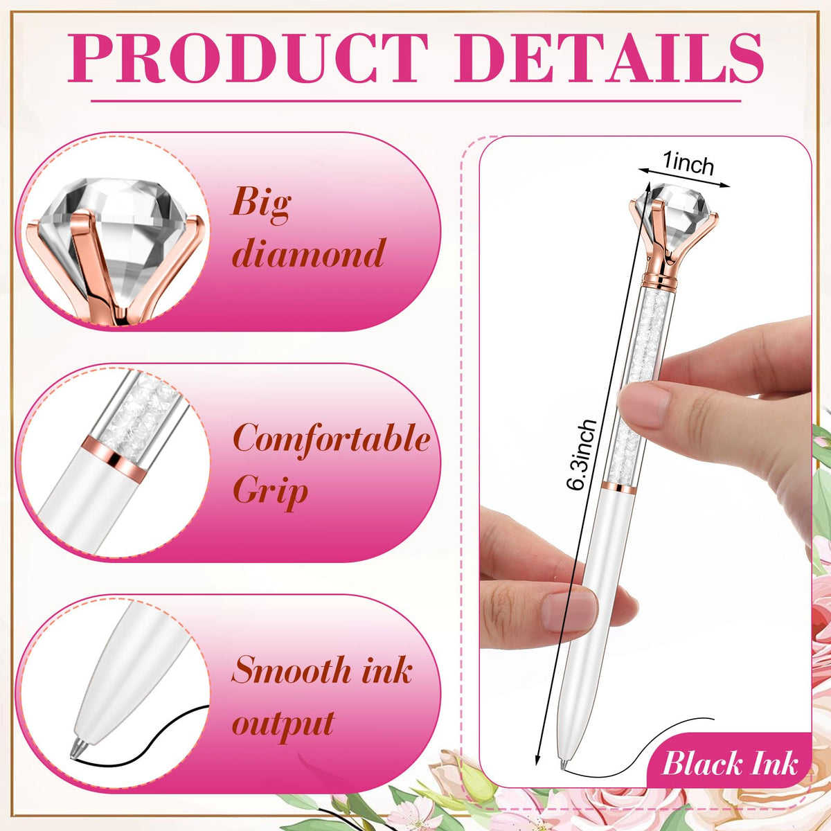 Sherr 100 Pack Crystal Diamond Pens Jewel pen Bulk, White, Glitter