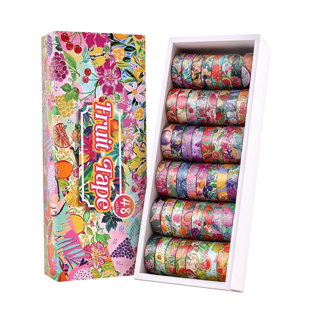 icceemee 48 Rolls Fruit Theme Washi Tape Set, Writable Decorative Tapes for Scrapbooking, Junk