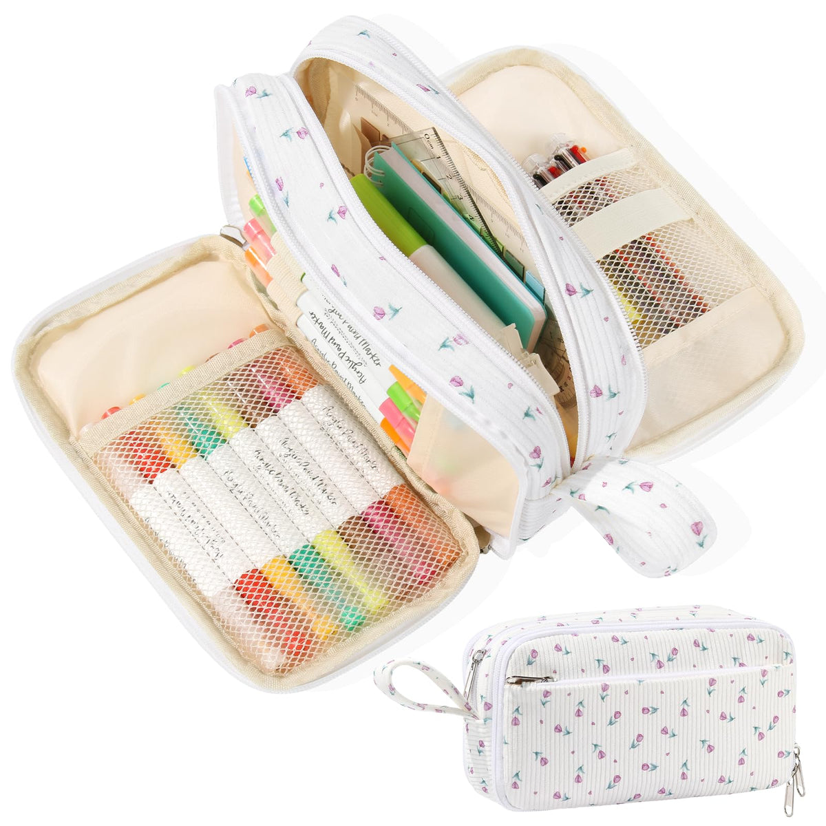 BuyCard Big Capacity Pencil Case, Corduroy Fabric, White with Purple Floral Pattern, Pencil Bag