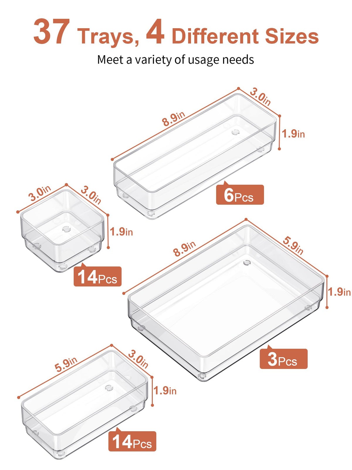 SMARTAKE 37 PCS Drawer Organizer 4 Size Desk Makeup Drawer Organizer Clear