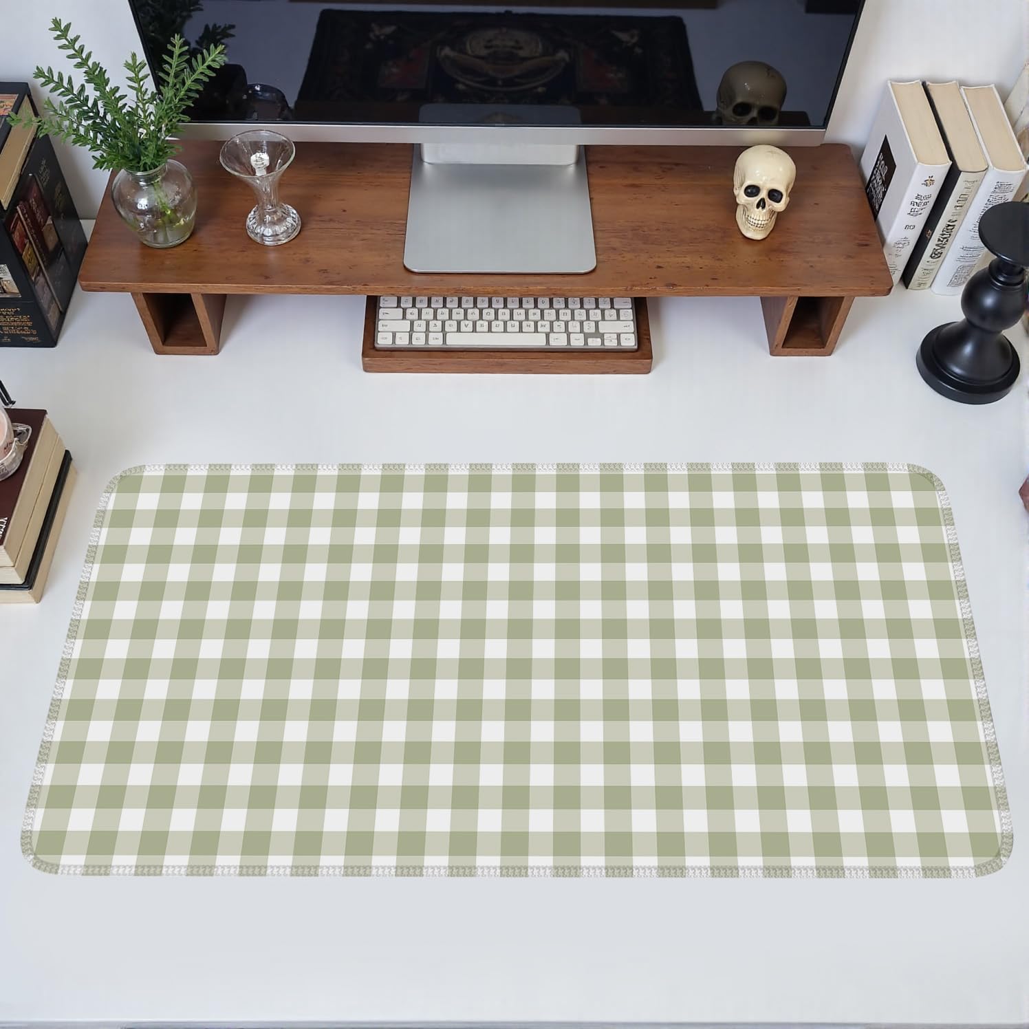Green Checkered Gingham Desk Mat Pad XXL Large Mouse Pad Anti-Slip Big Mousepad with Stitched Edges