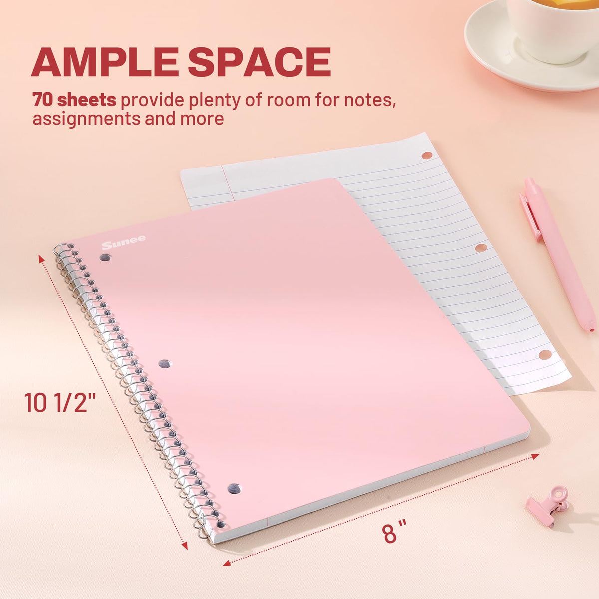 SUNEE Spiral Notebooks, 3 Pack, 1-Subject, College Ruled Paper, 8" x 10-1/2", 70 Sheets per