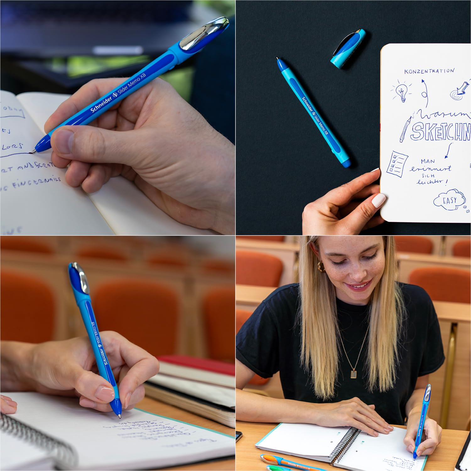 Schneider Slider Memo XB (Extra Broad) Ballpoint Pen, 1.4 mm, Light Blue Barrel, Green Ink, Box of