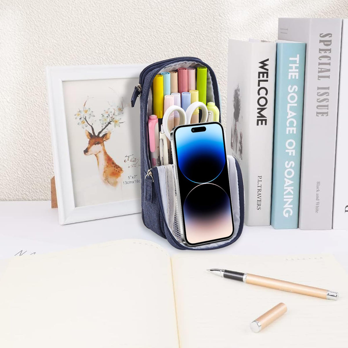 iSuperb Standing Pencil Case 2 Compartments Pencil Pouch Magnetic Mobile Phone Holder Bracket Pen