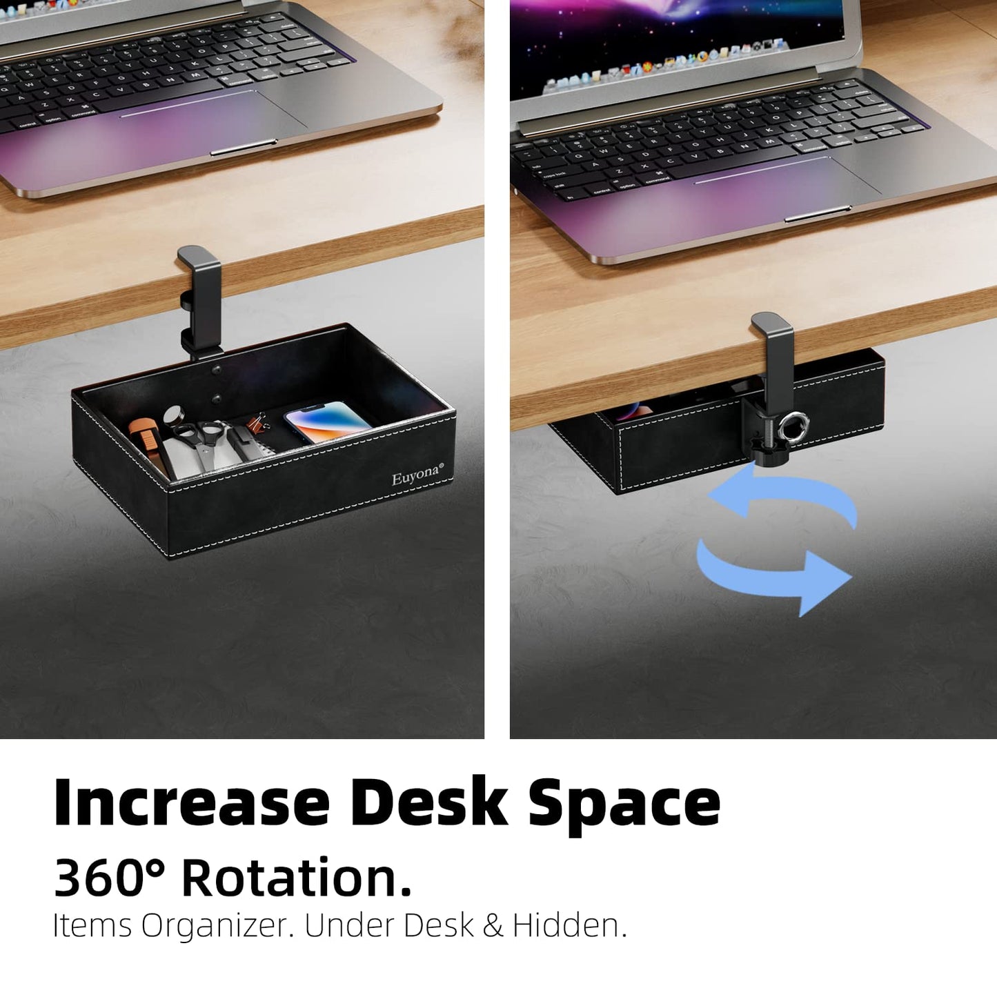 Under Desk Drawer, Clamp on Desk Organizer Hanging Desk Storage PU Leather