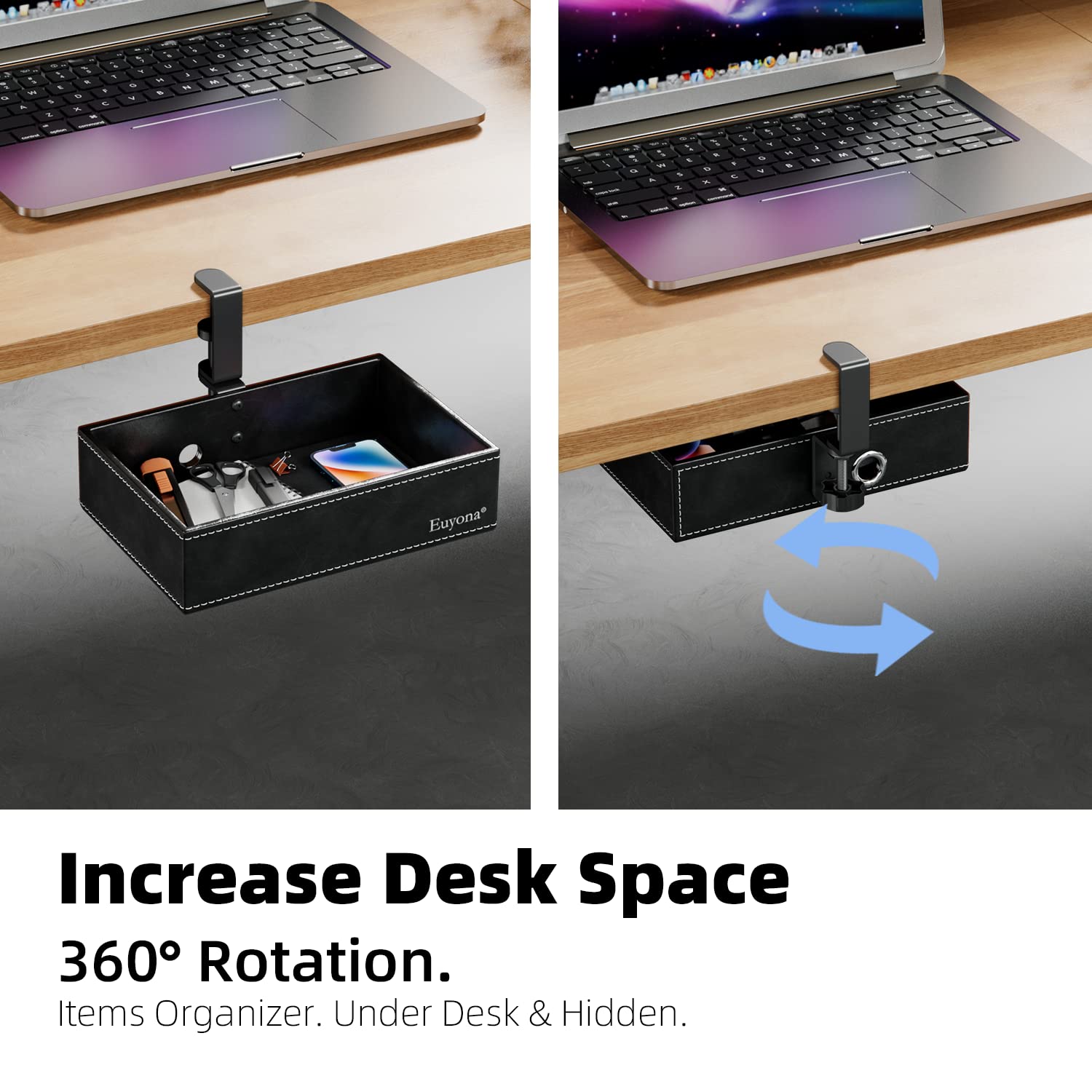 Under Desk Drawer, Clamp on Desk Organizer Hanging Desk Storage PU Leather