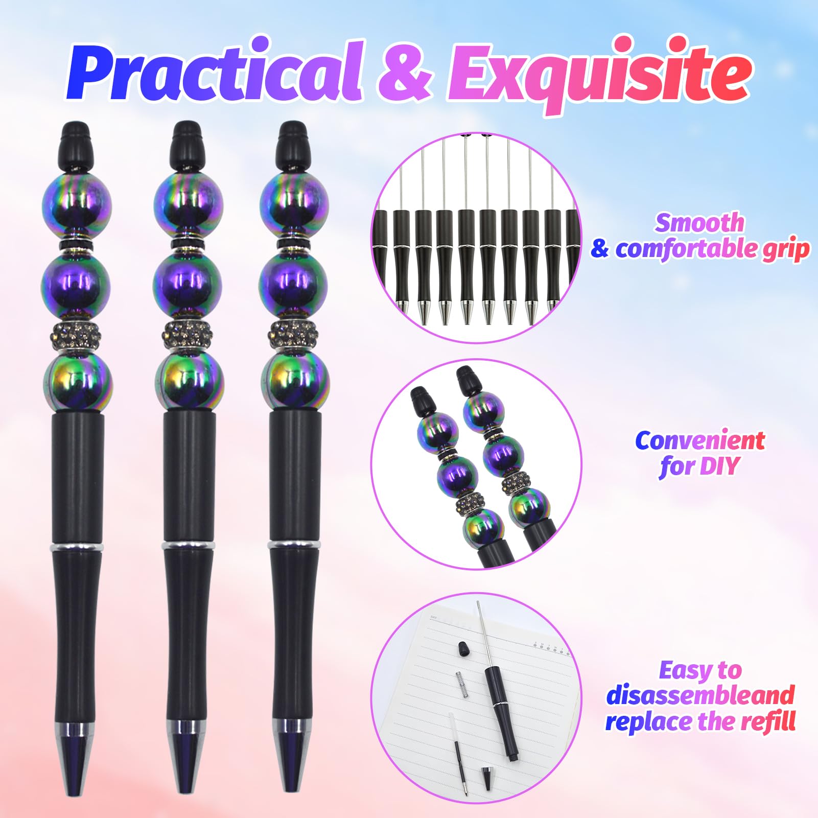 DASTTUIS 300 Pieces DIY Beadable Pen Kit – 100 Plastic Ballpoint Pens with Refills & Bags – School