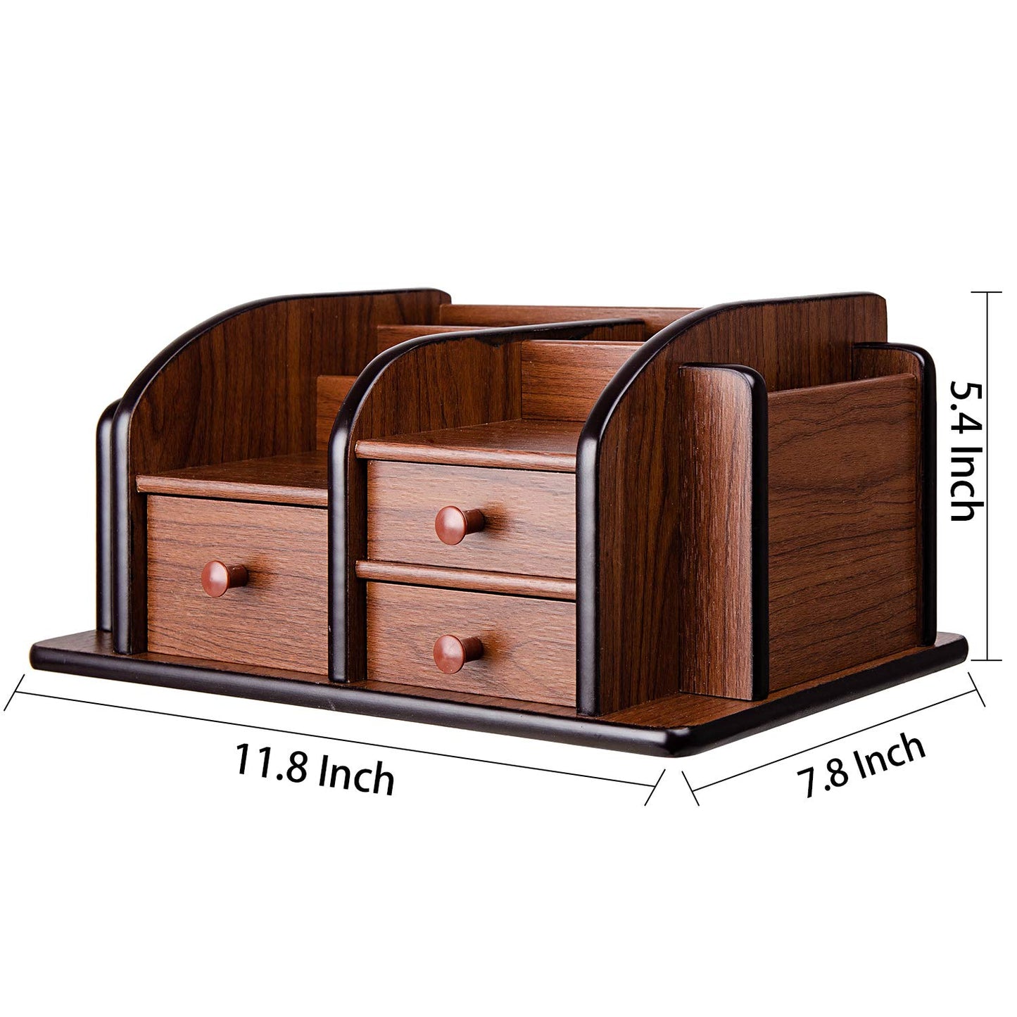 Liry Products Brown Wooden Desk Organizer Multiple Compartments 3 Drawers Slots 2 Shelves Racks