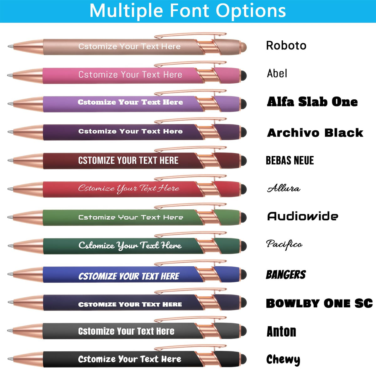 Kingluu 12 Pcs Personalized Ballpoint Pens with Stylus Tip,Free Engraving Black Ink Customized Pen