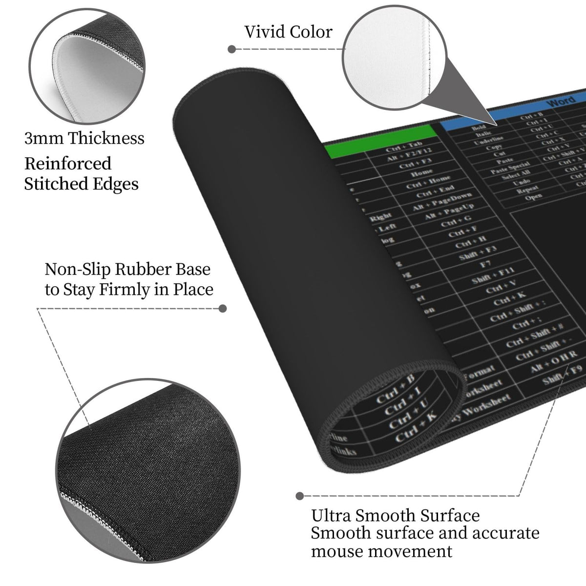 Excel Shortcut Mouse Pad XL Extended Desk Mat, Computer Mousepad