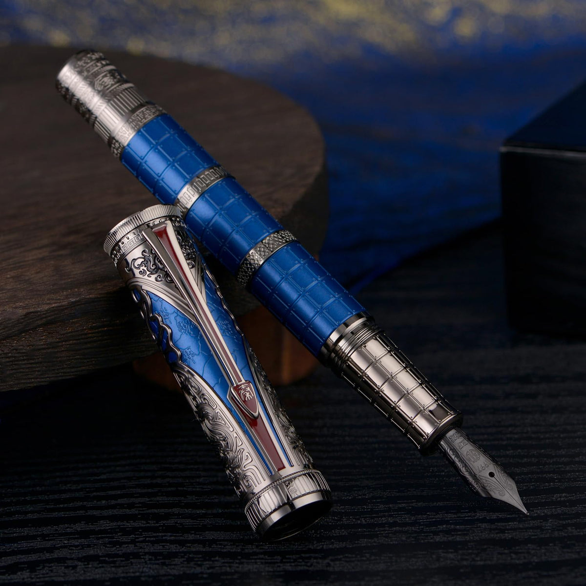 Hongdian D5X Fountain Pen Blue Color Fine Nib, Qin Dynasty Retro Chinese Totem Engraving Smooth