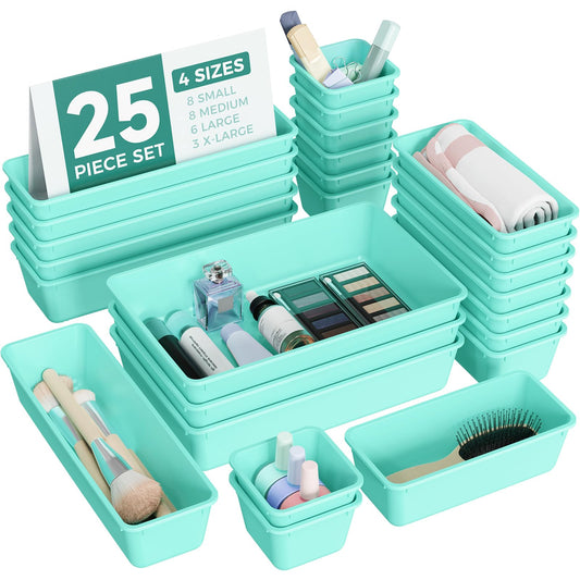 BiuLeon 25 PCS Plastic Drawer Organizers Set, 4-Sizes Vanity and Makeup Organizer, Desk and