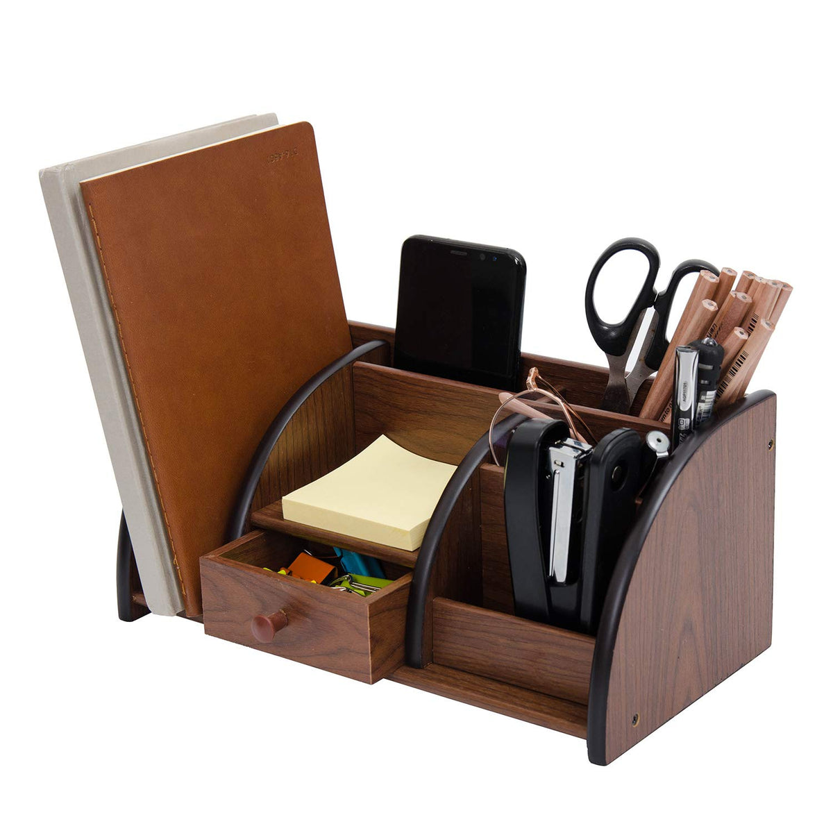 Liry Products Cherry Brown Wood Desktop Organizer Multiple Compartments Stepped Racks Drawer Shelf