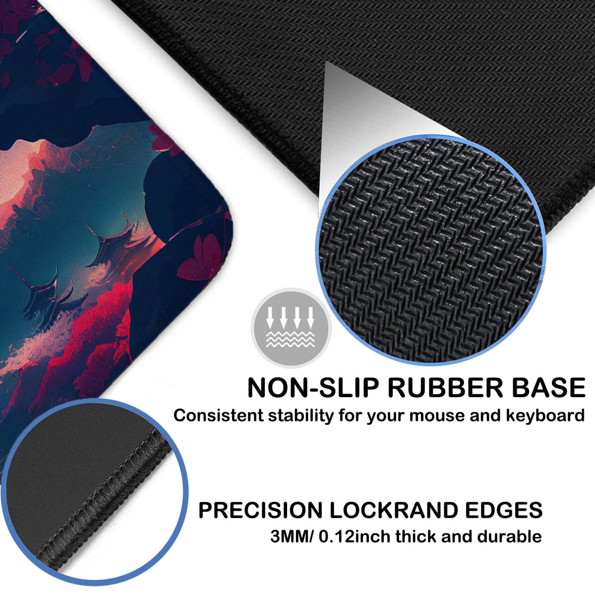 Japanese Mouse Mat, Large Extended Gaming Mouse Pad with Stitched Edges, Non-Slip Waterproof Rubber