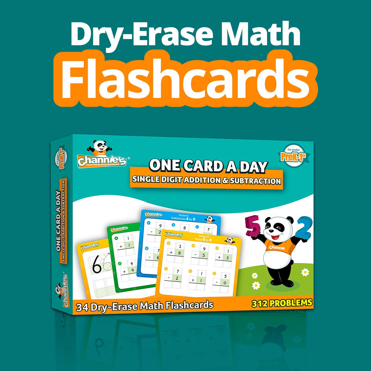 Channie’s One Card a Day Single Digit Addition and Subtraction Flash Cards, 34 Dry Erase Pre K